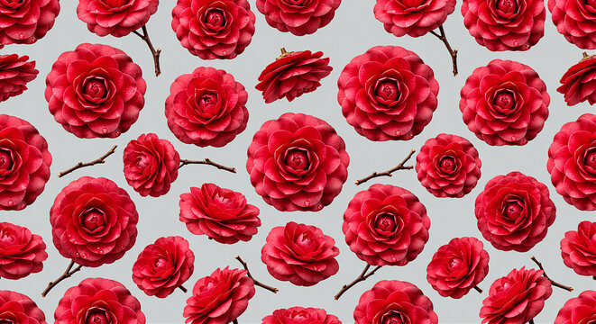 Seamless pattern of red camellia flowers and branches on grey
