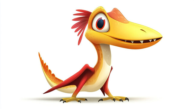 Small yellow cartoon pterodactyl character with red crest and wings big eyes pterodactyl dinosaur character creature prehistoric pterosaur