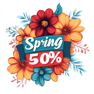 Spring sale discount banner with colorful floral frame fifty percent spring flowers seasonal offer sale promotion flower background shopping even