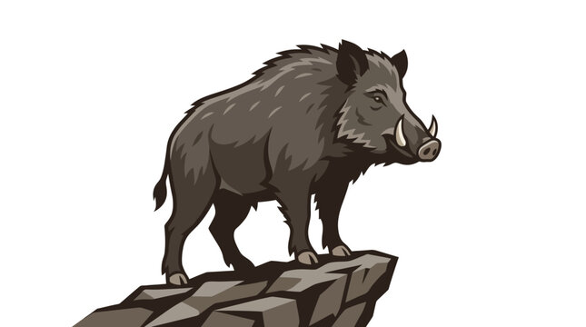 Powerful wild boar mascot illustration standing on a rocky cliff edge, low angle perspective of a dark brown razorback with sharp tusks, isolated on a white background