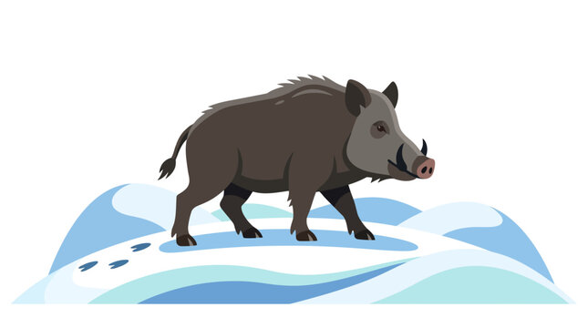 A stylized vector illustration of a wild boar with sharp tusks walking across a snowy winter landscape with minimalist blue and white drifts, isolated on a white background.