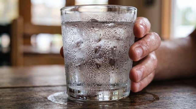Hand holding a cold glass of water with ice and condensation on a wooden table