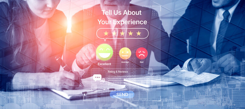 Business professionals engage in a feedback session, discussing customer experience ratings using a modern digital interface to enhance service quality and gather insights. Nascent