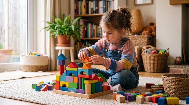 Young girl building with colorful wooden blocks on a rug in a cozy room