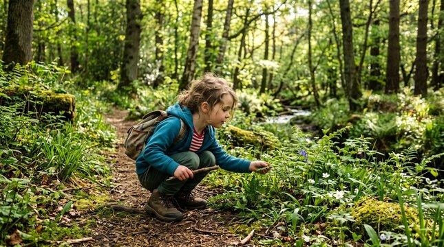 Young child exploring a lush green forest path discovering wildflowers