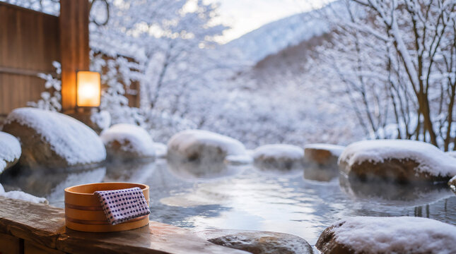 冬の露天風呂と雪景色が美しい癒しの温泉イメージ