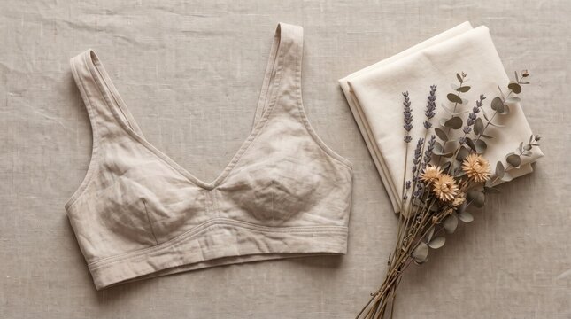 Minimalist Beige Linen Bralette with Folded Cotton Fabric and Dried Flowers