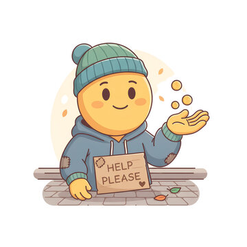 Homeless emoji character asking for help with coins, poverty and social issues concept