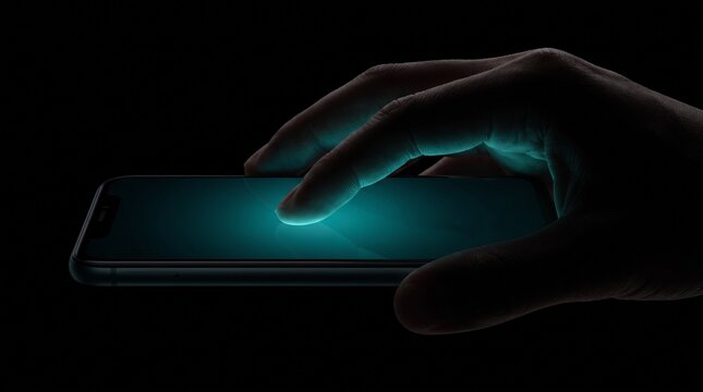 Hand touching illuminated smartphone screen in dark setting