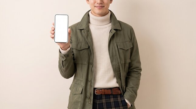 Person displaying blank smartphone with neutral toned clothing and light background