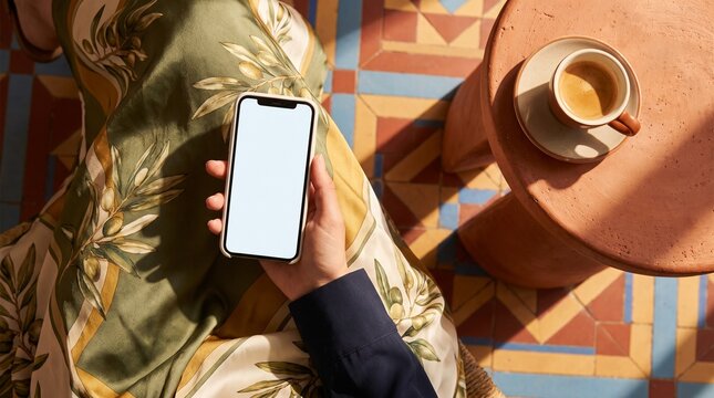 Hand holding white smartphone with blank screen on patterned fabric