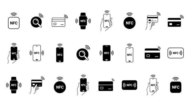 NFC icons display contactless payment methods and wireless technology.