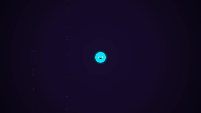 2D animation of a happy blue glowing circle character becoming sick bloated and turning green after consuming falling sugar cubes before returning to normal