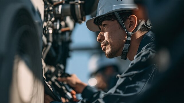 業務用エアコンや空調機器を確認する空調設備技師の仕事シーン