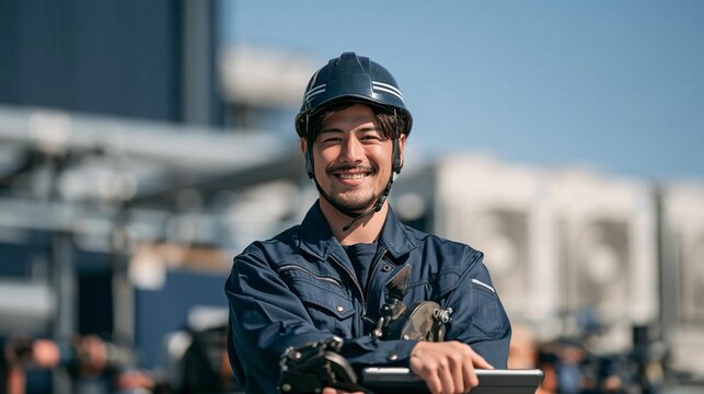 空調設備の現場で笑顔を見せる空調設備技師のポートフォリオイメージ