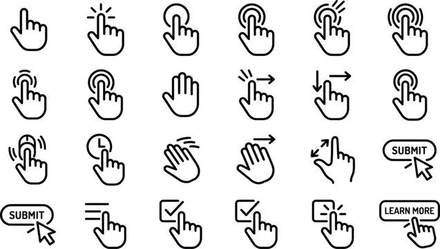 Outline hand cursor gesture icons with finger tap swipe pinch zoom submit button checkbox and touch screen interaction design