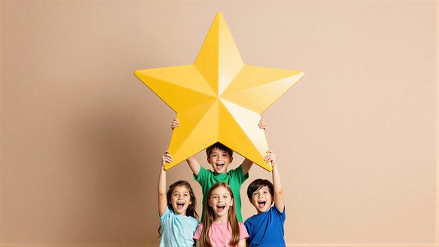 Three children joyfully hold a large yellow star above their heads.