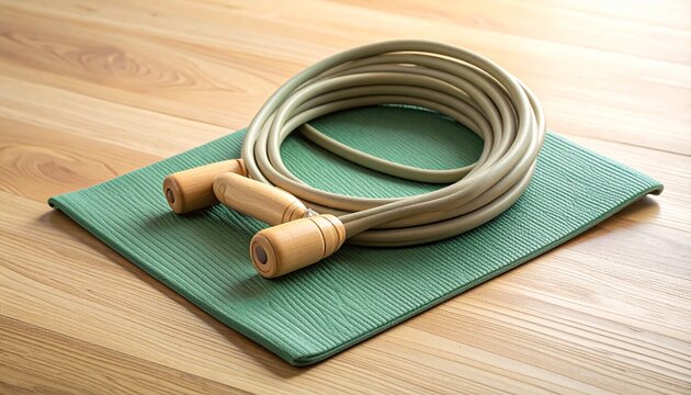 Wooden handled jump rope coiled on a sage green exercise mat