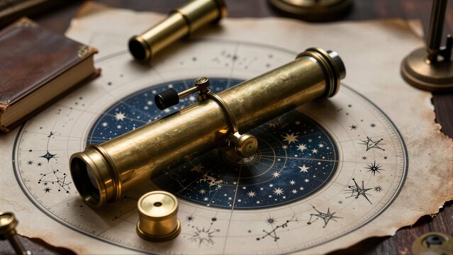 Vintage brass telescopes rest on star charts beside old books.