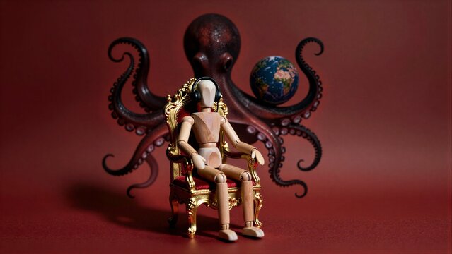 Wooden figure sits regal, octopus with globe crown looms behindsymbolic power and control.