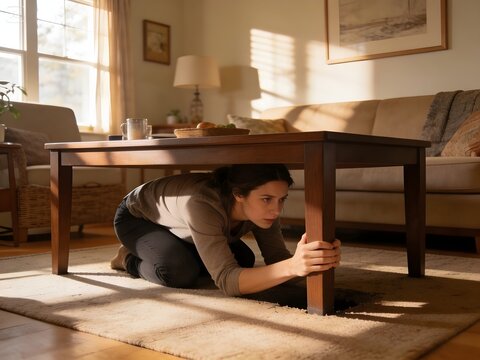 Woman Hiding Under Table During Earthquake, Earthquake Safety and Emergency Preparedness Concept
