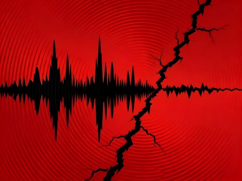 Earthquake Seismic Wave and Cracked Earth Surface On Red Background