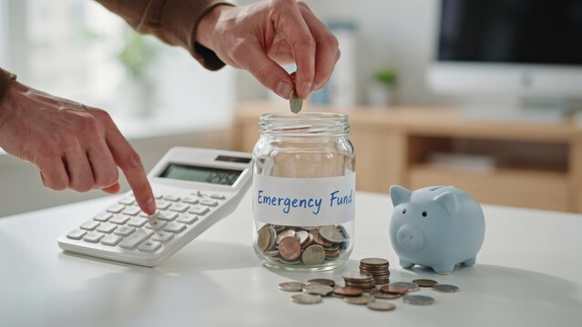 Person adding coin to emergency fund jar with calculator and piggy bank