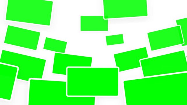 Dynamic digital display of multiple green screen panels floating across a clean white background, perfect for customizable content integration and visual presentations