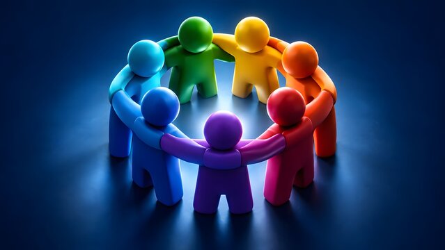 Circle of colorful glowing human figures holding hands representing teamwork and diverse community