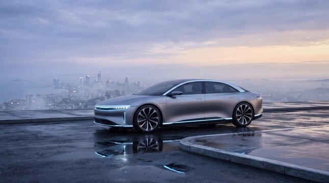 Silver luxury sedan parked overlooking a distant cityscape at twilight