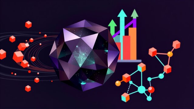 A cosmic crystal with data graphs and molecular structures floating in space.
