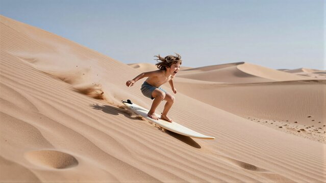 Child surfs down sandy dune, kicking up dust in desert sun.