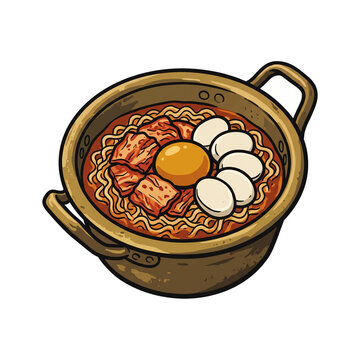 Korean Spicy Kimchi Ramyeon Noodle Pot with Egg Clipart