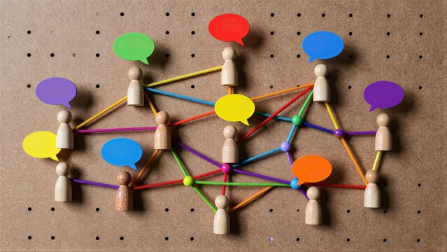 Colorful ropes connect wooden figures with speech bubbles, symbolizing communication networks.