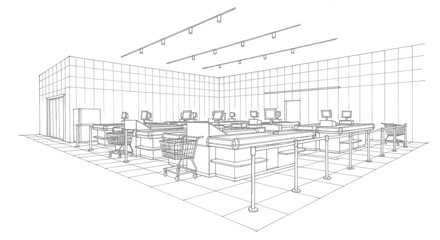 Fototapeta premium Creative Line Drawing of Modern Self Checkout Supermarket or Grocery Store with Multiple Scanning Stations and Shopping Carts