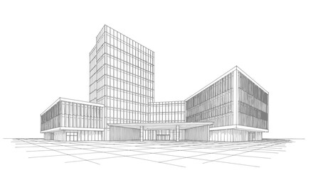 Obraz premium Creative Modern Minimalist Sketch of Contemporary Glass Office Building Complex with Geometric Design