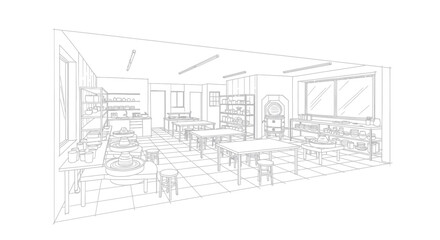 Fototapeta premium Dynamic Black and White Sketch of a Modern Pottery Studio with Workstations Shelves and Pottery Wheels