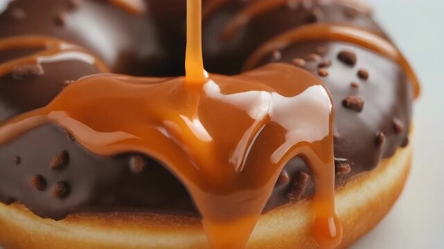 Detailed macro video of a chocolate donut being drizzled with thick, glossy caramel in slow motion