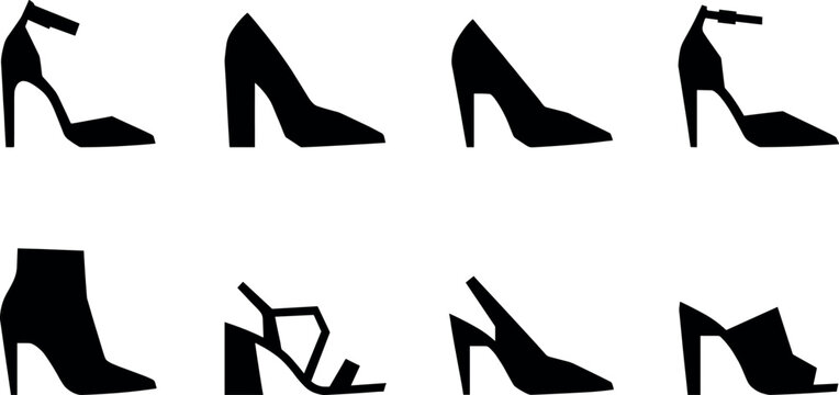 High heel shoes fashion vector illustration set featuring black women pumps sandals and ankle boot silhouettes