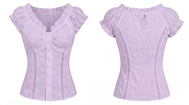Elegant light purple dirndl blouse with traditional eyelet lace embroidery and puff sleeves, front and back view isolated on white background