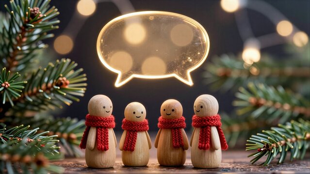 Wooden family figures with scarves, festive pine branches and a glowing speech bubble.