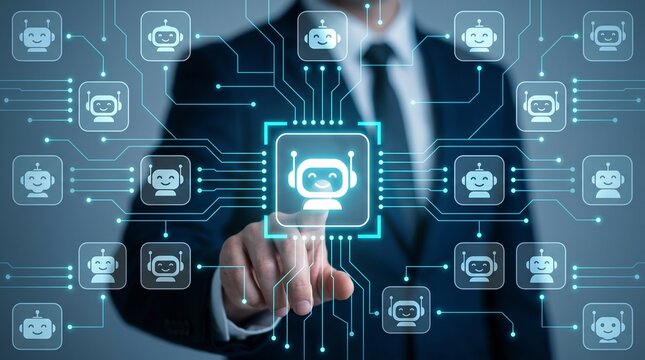 Businessman touching AI bot interface icon screen with robot assistant network connection network on virtual futuristic technological background