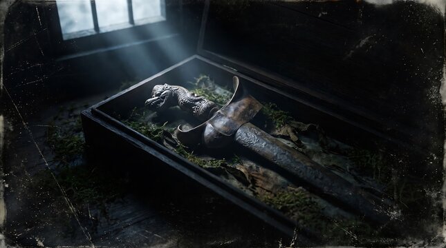 Medieval stone effigy lying in a coffin under shafts of light
