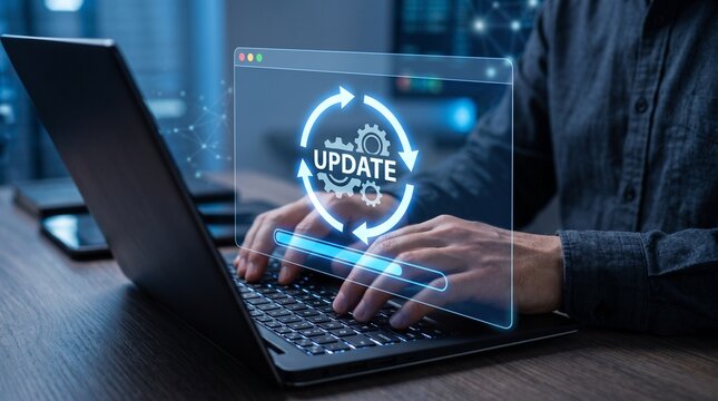 Man working on laptop with software update holographic icon on virtual screen, system upgrade and cyber security concept