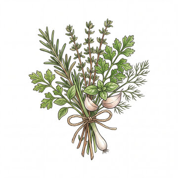 Hand drawn bouquet of fresh culinary herbs tied with twine
