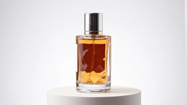Elegant Perfume Bottle with Amber Liquid on Pedestal.