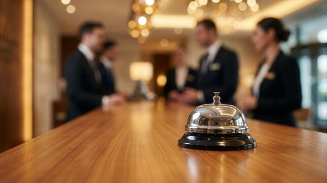 Close-up shot of a metal concierge bell on a polished wooden reception counter at a luxury hotel.