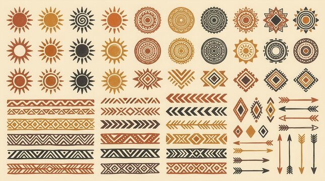 Set of ethnic tribal patterns with hand drawn sun symbols and geometric borders in warm earthy colors.
