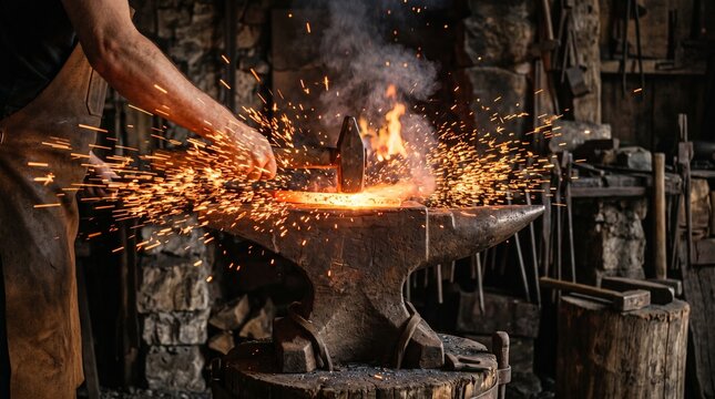 Blacksmith forging heated metal on a traditional anvil in a workshop