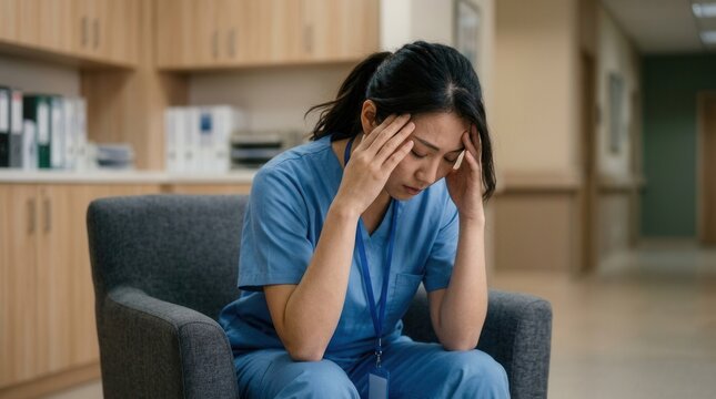 Tired nurse sitting in a hospital corridor feeling overworked and fatigued.